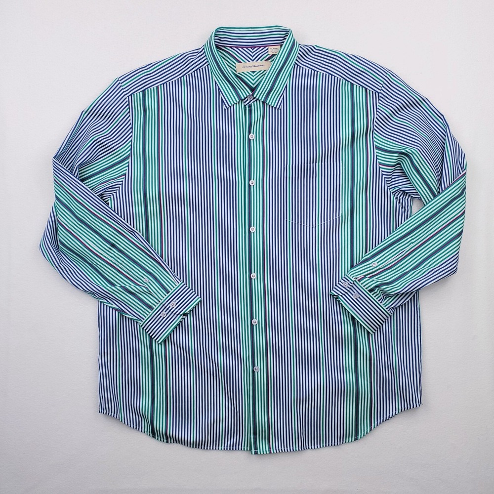 Tommy‎ Bahama Shirt Mens XLX Green Blue Silk Blend Striped Button Up Relaxed Fit